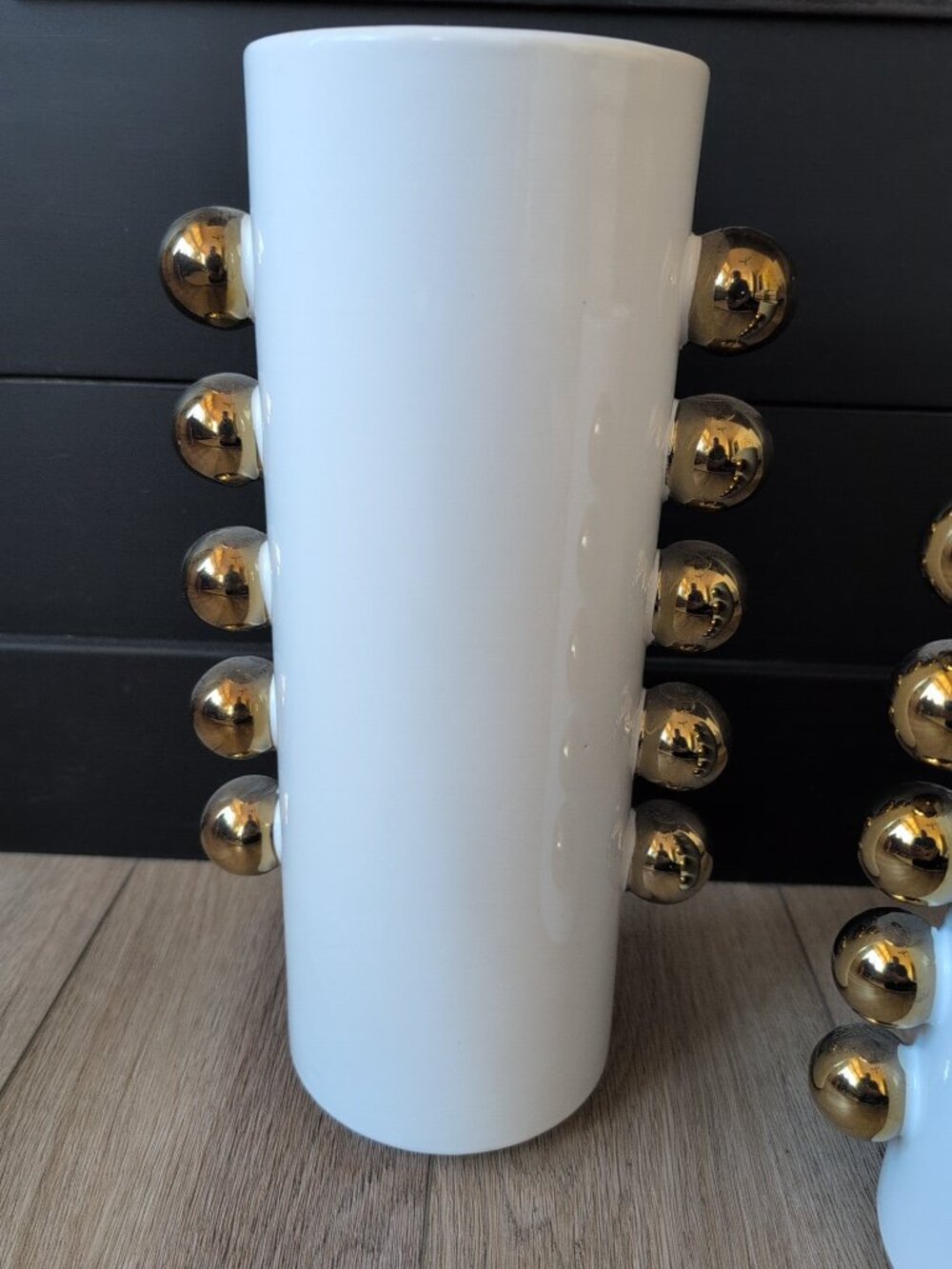 Set Of 2 Ceramic White Cylindrical Decorative Vases With Gold Accents - Picture 7 of 8